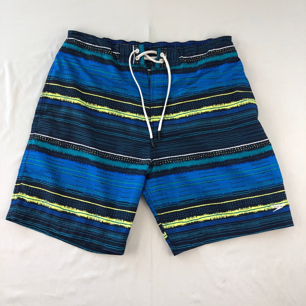 Speedo Mens Board Shorts Swim Trunks Blue & Yellow Striped Mesh Lined Size Large